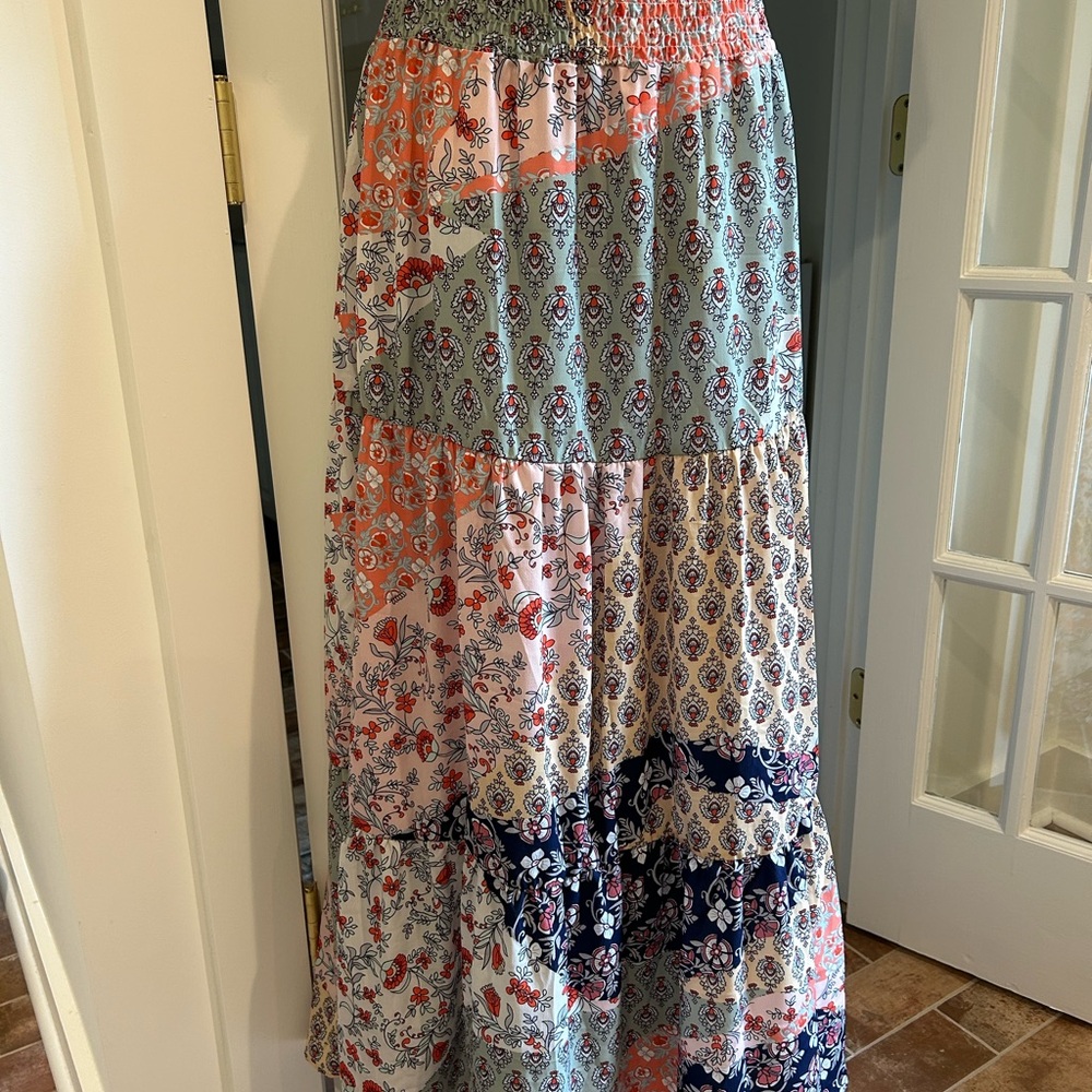 Pink and Blue Tiered Maxi Skirt for Resort Wear